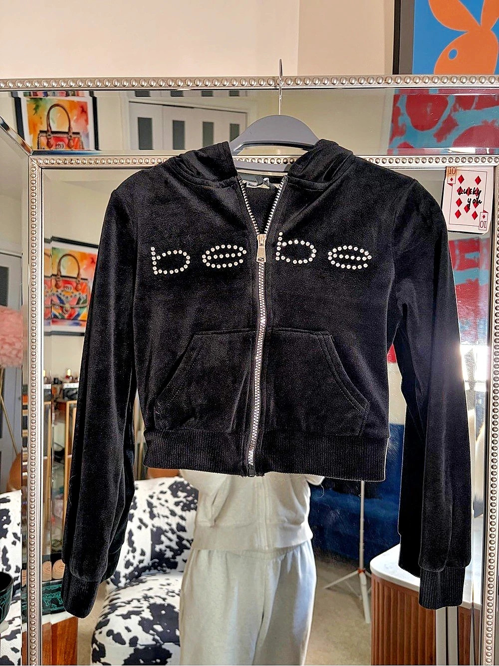 bebe Rhinestone Logo Velour Zip Up Hoodie Jacket Black XS